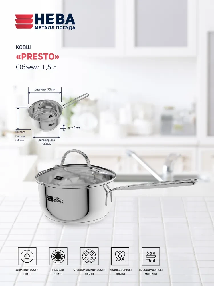 Ковш НМП Presto со стеклянной крышкой КС115 1,5л