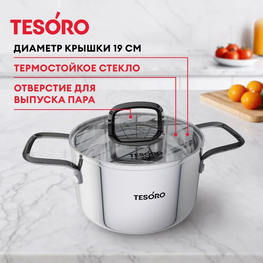 Кастрюля Tesoro Asti со стеклянной крышкой КС624 2,4л