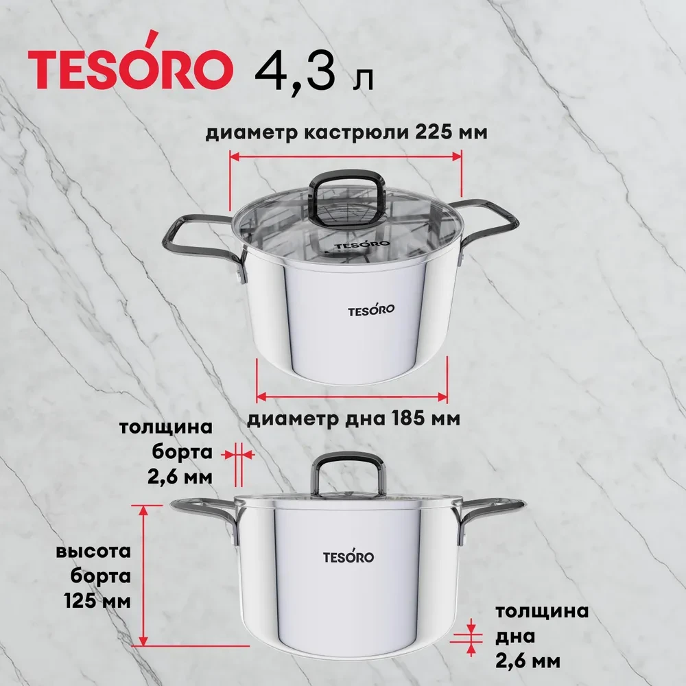 Кастрюля Tesoro Asti со стеклянной крышкой КС643 4,3л