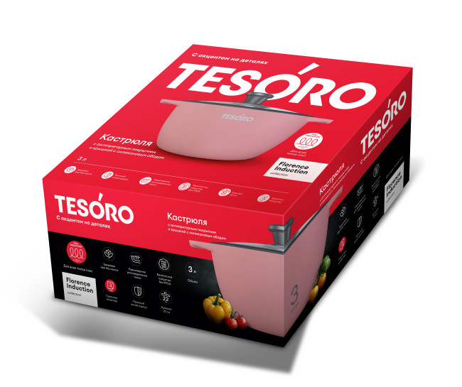 Кастрюля 3л Tesoro Florence Induction total pink с крышкой с силиконовым ободом  TF6630tpi