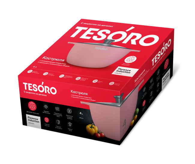 Кастрюля 4л Tesoro Florence Induction total pink с крышкой с силиконовым ободом  TF6640tpi